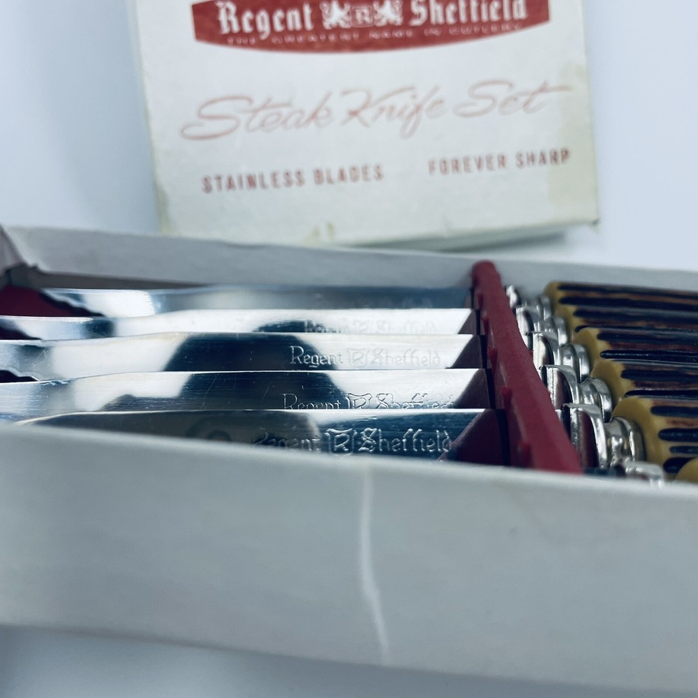 Vintage Regent Sheffield 6 Piece Steak Knife Set Stainless Blades Forever Sharp - Picture 2 of 7